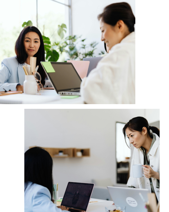 Two business meetings with professionals discussing work in modern office settings.